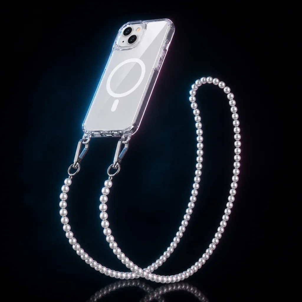 White Solidenz phone case with a detachable pearl chain