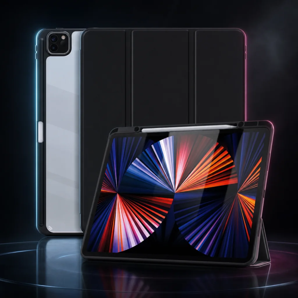 Black Solidenz Hybrid iPad case shown in multiple viewing positions