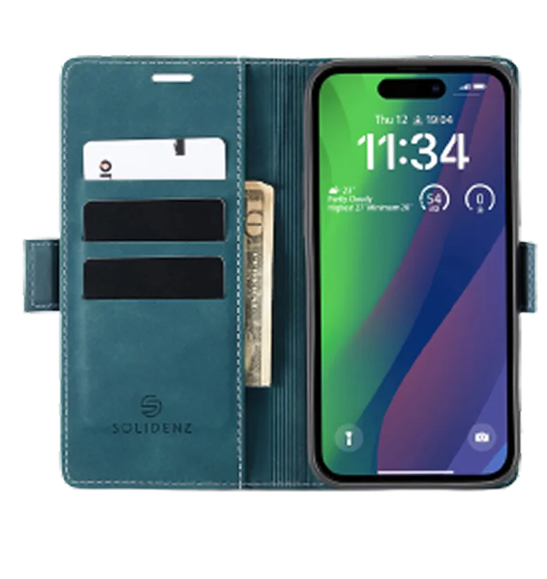 Open teal Solidenz Urban Wallet case with card compartments